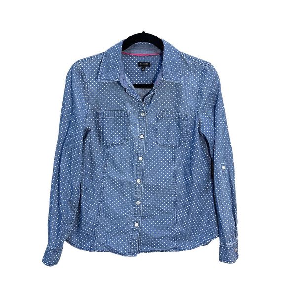 TALBOTS Women Blue Polka Dot 100% Cotton Denim Button-Up L/S Shirt Petites Sz 8P - Picture 1 of 10